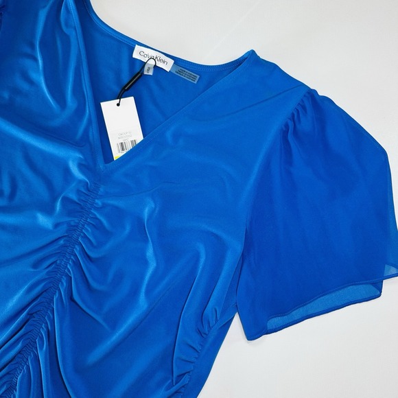 Calvin Klein Tops - Calvin Klein Blue Ruched V Neck Short Sleeve Blouse Size Medium NWT Lightweight